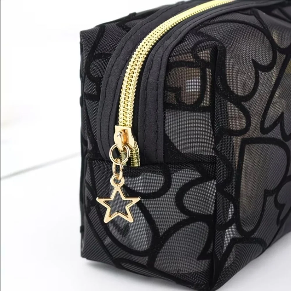 Women's Black Gold Heart Mesh Cosmetic Bag One Size